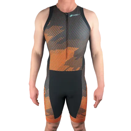 Performance+ VELOCITY Tri Suit Combinaison Triathlon Noir Orange Zip Avant 