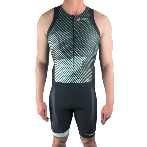Tech+ EDGE Tri Suit Combinaison Triathlon Gris Noir Zip Avant